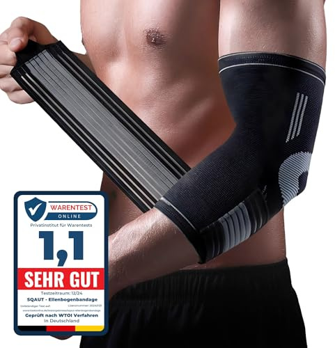 SQAUT® Ellenbogenbandage 1 Stück Ellenbogen Bandage Herren und Damen für Sport, Tennisarm und Golferarm Ellbogen Stütze Armbandage mit Klettbänder Klettgürtel Elbow Brace Elbow Support (Schwarz M)