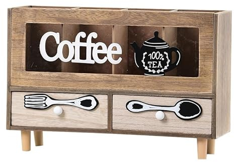 Guolich Porta Cialde Caffe Porta Capsule Caffe,Portacialde da Caffè,Porta Tisane in Legno con 2 cassetti per Organizzare Capsule, Cialde,Tisane,Zucchero,Cannucce,Bicchierini da Caffè (Marrone Chiaro)