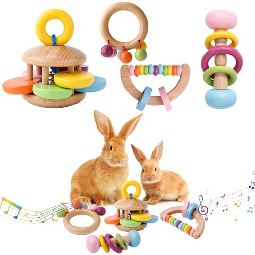 4pcs Wooden Bunny Toys, 4 Styles Wood Rabbit Chew Toys Wooden Teether Rattle Wooden Rattle Toys Bite-Resistant Guinea Pigs Hamsters Toys Wooden Pets Toys for Small Animals Playing