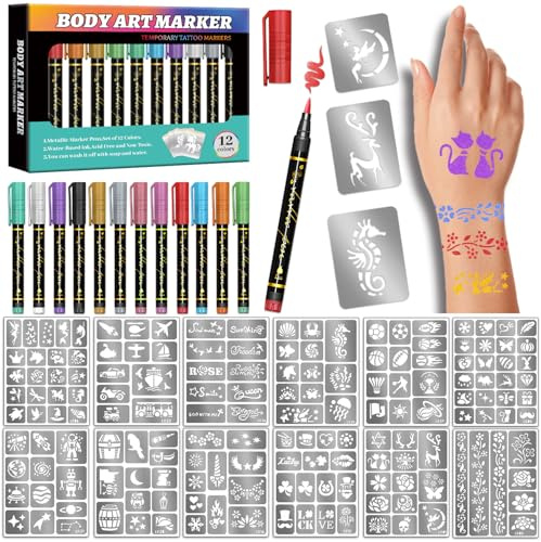 Temporary Tattoo Markers for Skin, 12 Metallic Markers + 160 Tattoo Stencils, Tattoo Markers for Kids Adults Women Teens Body Markers, Cosmetic Tattoo Pens for Skin DIY Body Art Face Painting
