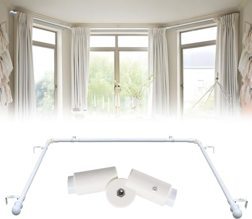 Bay Window Curtain Poles, Curved Curtain Pole for Windows 76 to 460 cm 2 Elbows Included, 25 mm Diameter Heavy-Duty White Curtain Rod 3 Sided for Bedroom, Living Room Curtain Rods for Corner Windows