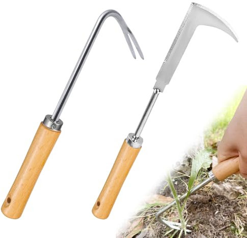 mizikuu 2 Pièces Desherbeur Manuel, Désherbeur en Acier Inoxydable avec Manche Ergonomique en Bois Arrache Mauvaise Herbe Couteau Désherbeur Outil Désherbage pour Désherber Votre Jardin, Creuser