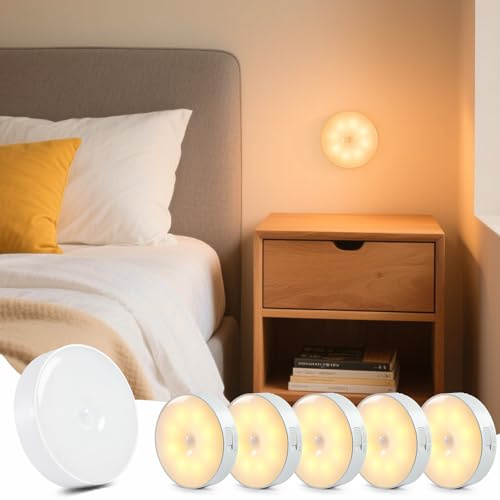 Aurevita Motion Sensor Lights Indoor, 6 Pack Cupboard Light, Stair Lights Night Light, 3 Modes USB Charging Wall, Magnetic for Kitchen Stair Closet Under Cabinet (Warm White, 6)
