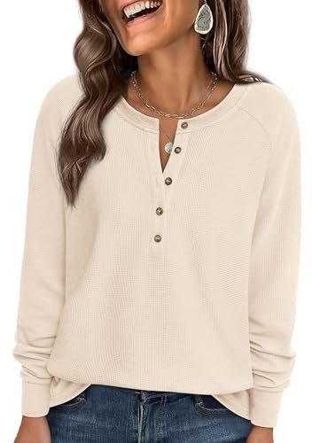 PRETTYGARDEN Women Long Sleeve Waffle Knit Shirts 2026 Fall Casual Button V Neck Loose Henley Tops Basic Tees Winter Clothes (Beige,X-Large)