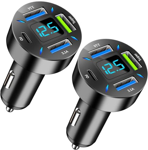 2 PCS 4 Puertos Cargador Mechero USB Carga Rapida, 66W Super y QC3.0 & PD 4 Puertos Cargador Movil Coche con Voltímetro Led Compatible con iPhone Android Samsung Móviles y Tablets