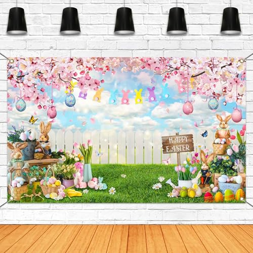Mocsicka Happy Easter Backdrop Hello Spring Party Decorations Banner Easter Eggs Rabbit Grass for Festival Party Photography Background Supplies (Pink, 70.8 x 43.3 Inch)