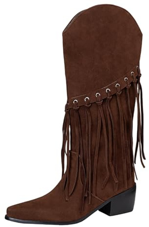 Smilice Stivali da donna con frange, tacco da 5,5 cm, effetto scamosciato, per stile occidentale e inverno, marrone, 32 EU