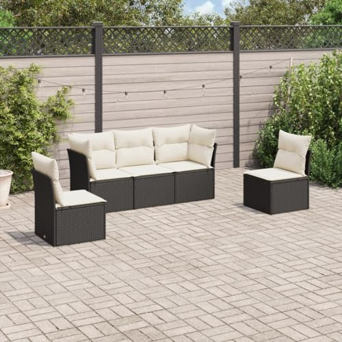 QJBSAVVA Salon de jardin 5 pièces - Noir - 62 x 62 x 69 cm - En rotin synthétique - Avec coussins blancs crème - Groupe de sièges d'extérieur modulaire pour balcon, terrasse, petit jardin et camping