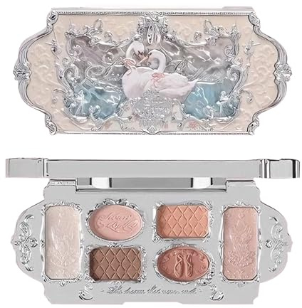 KINDLUME Ögonskuggapallett, 6 färger, Swan Ballet-serie med svanrelief, 4 matta och 2 glittrande nyanser, starkt pigmenterad krämig textur för ögonmakeup, vit