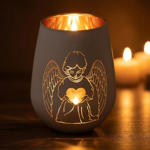 LOHAME Porte-bougie Blanc Ange Gardien Baptême Lanterne en Verre Porte-bonheur Bonne Guérison Cadeaux pour Opération Confirmation Communion Firmation Anniversaire Mariage Garçon Fille Enfants