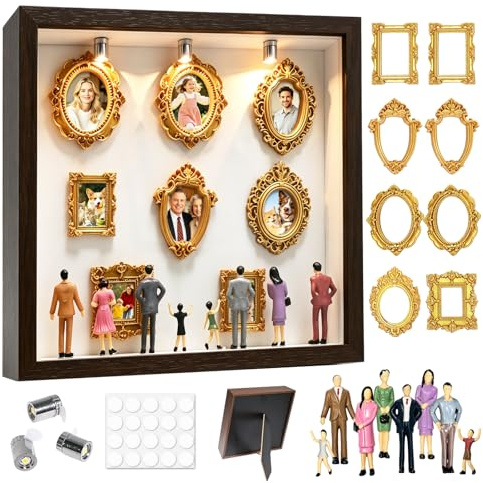 DIY Mini Museum Siluetas Box con LED, Mini Marco de Fotos Vintage Shadow Box Marco de Fotos Set con 8 Mini Marcos Dorados 8 Figuras para Aniversario Boda (Negro Nuez)