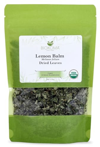 Biokoma Organic Lemon Balm Dried Leaves 50g 1.76oz Melissa Officinalis Loose Herb Calming Relaxing Sleep Digestive Support USDA Organic Herbal Tea Resealable Pouch Pure No Preservatives No GMO Kosher