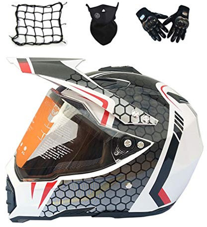 MRDEAR Casque Motocross Adulte avec Gant Masque Filet à Bagages, Casque Cross avec Visiere, Casque VTT Integral Enduro Casque Moto Velo Quad ATV Downhill Scooter pour Femme Homme, Blanc et Gris,M