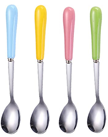 HEMOTON Stainless Steel Ice Spoon Stirring Spoons Set of 4 with Ceramic Handles 7.5 Inch Coffee and Cocktail Teaspoons for Home and Restaurant Use