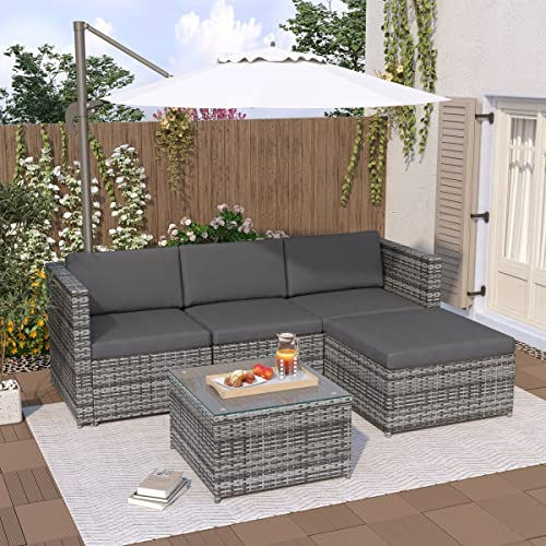 Polyrattan Lounge-Sofagarnitur, Lounge-Gartenmöbel, Ecksofa, Couchgarnitur mit Sitz- und Rückenkissen, Lounge-Tisch mit Glasplatte, Grau