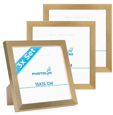PHOTOLINI Bilderrahmen 15x15 Gold MDF-Holz, 3er Set Poster-Rahmen, bruchsicheres Acrylglas, zum Aufhängen & Aufstellen, extra Zubehör - für Fotos & Poster