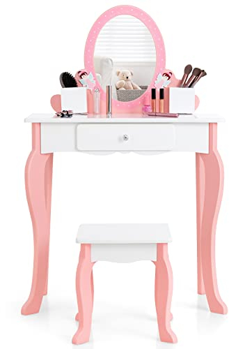 COSTWAY Kinder-Schminktisch mit Hocker, 2-in-1-Kinder-Schminktisch-Set aus Holz mit Spiegel, Schublade & Stifthalter, Make-Up-Tisch für Kinder im Alter von 3-7 Jahren (Weiß)