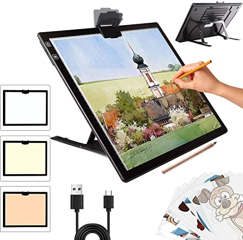 Wiederaufladbares Leuchttisch A3 mit Ständer,kabellos batteriebetrieben Led LichtPad,3 Farben dimmbar und 6 Helligkeitsdimmen Lichtplatten für Zeichnung,Diamond Painting,Malen,Röntgenbetrachtung