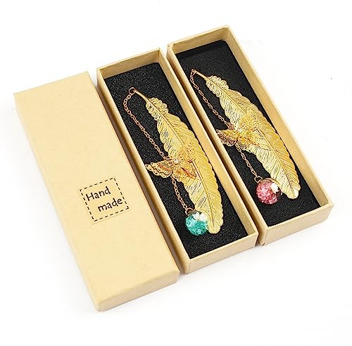 DERAYEE 2pcs Marque-Page Feuille en Métal Papillon et Fleur Sèche Éternelle Perles de Verre Pendentif Cadeau pour Étudiant Lecteur Enfant et adult