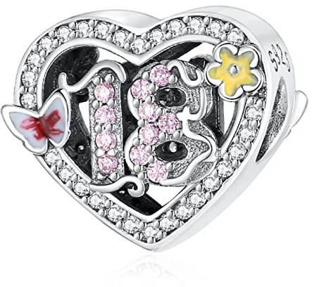 Annmors Charm para pulseras Plata de Ley 925 18 Years Love Birthday con Circonita Cúbica para mujeres collares regalo,para mujeres y niñas