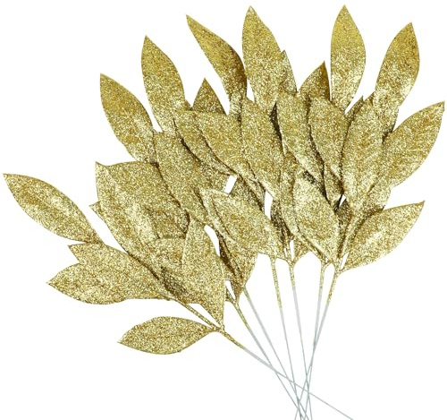 VEYLIN 12 Pcs Artificial Christmas Leaves, Gold Glitter Leaves Picks for Xmas Tree Wreath Festival Decoration