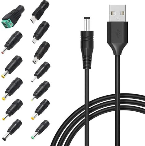 STFMHEZ USB to DC 5V Cable, 1.5M Universal Power Cable Charging Cord With 13 Interchangeable DC Connectors Tips - 5.5x2.1mm, 5.5x2.5mm, Type C, Micro USB, Mini USB and More