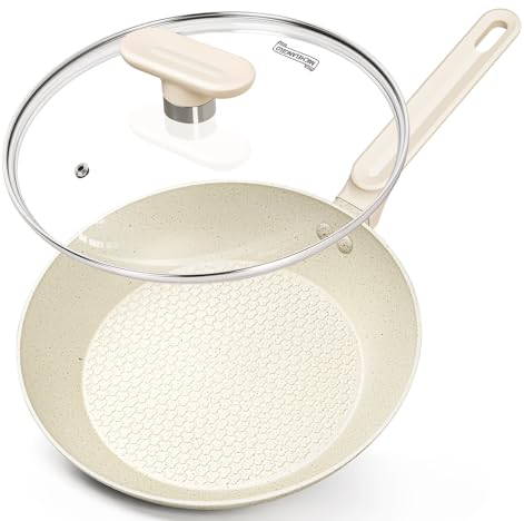 MICHELANGELO 20cm Frying Pan with Lid, Non Stick Pan 20 cm, Small Skillet with Nonstick Stone Coating, Healthy & Non-Toxic Granite Frying Pans, Cream White