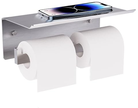 Double Toilet Paper Holder with Shelf, FreshGlow Large Tissue Holder Brushed Nickel, Wall Mount Commercial Toilet Paper Dispenser Phone Shelf Stainless Steel, Tissue Roll for Bathroom