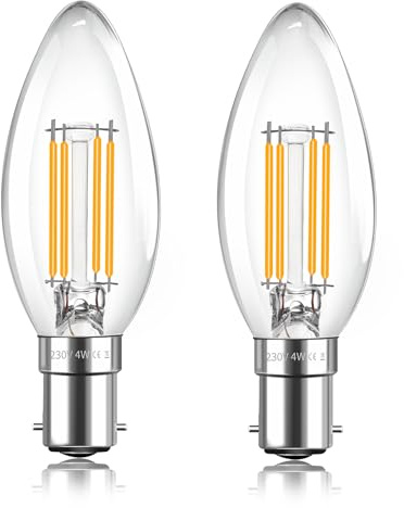 2 Pack B15 LED Candle Light Bulbs, 4W Equivalent 40W, 400LM Warm White 2700K, Small Bayonet Cap SBC C35 Candle Bulbs, AC 220-240V, Non Dimmable, Clear B15d LED Filament Bulbs for Chandelier