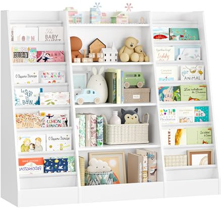 FOREHILL 129 cm Breite Kinderregal, Bücherregal für Kinder mit 14 Ablagen, Kinderzimmer Möbel aus Holz, Spielzeugregal, Regal für Kinderzimmer, Kindergarten, Leseecke, 129 x 120 x 35 cm (weiß)