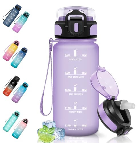 Motswedi Botella Agua, 0.5L Sin BPA, Botella Agua Niños con Pajita, Reutilizable, Botellas Agua Gimnasio, a Prueba de Fugas, Cantimplora para Gym, Oficina, Escuela, Yoga, Morado Claro