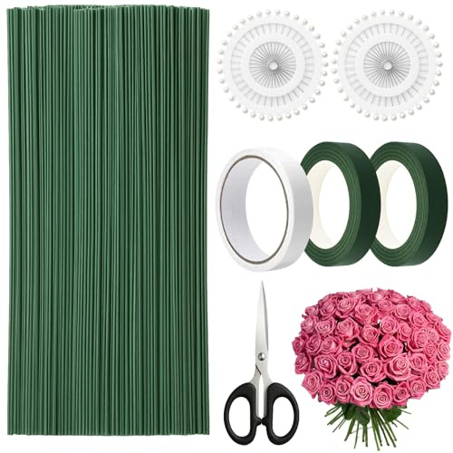 Sheryl&Rain 126 Stück Blumendraht Grün Kit, Blumenstamm Draht, Floristendraht Stäbe Steckdraht mit 20cm Länge Metallstäbe/Stecknadeln/Floristenband für DIY Häkelblumen, Blumenstrauß