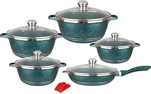 Juego de utensilios de cocina de granito, 10 piezas de aluminio antiadherente con tapas de vidrio, ollas y sartenes recubiertas de mármol para freír y cocinar esenciales, color: verde