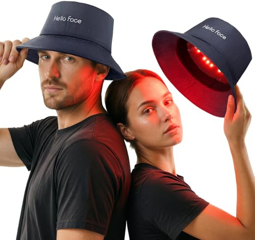 Hello Face Casquette de thérapie par la lumière rouge, 336 LED 660 nm & 850 nm infrarouge, design chapeau de pêcheur jusqu’à 62 cm, soin capillaire professionnel à domicile