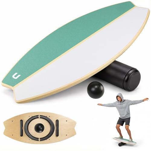 unycos - Tabla de Equilibrio Multifunción de Madera 80 x 35 cm con Rodillo y Pelota, Balance Board Antideslizante con 7 Modos y Topes Magnéticos, hasta 200 kg, para Core, Coordinación y Fitness