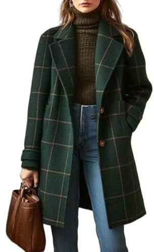 KUUFUUT Cappotto Monopetto Casual Invernale Da Donna In Misto Lana con Revers A Lancia Soprabito Scozzese Retrò Lungo Medio Elegante Da Lavoro O Da Ufficio con Tasche Verde Scuro Taglia L