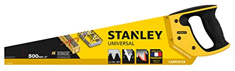 STANLEY 1-15-416 Scie Égoïne de Charpentier Fabriquée en France - denture Isocèle Réaffûtable 3,5 dents/Pouce - Grosse Section - 500 mm - Poignée biamtière Abs Antichocs - Traçage À 45° et 90°