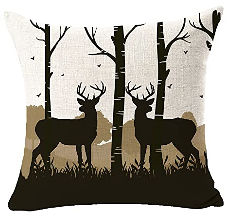 NIDITW Nice Birthday Gift Camp Forest Deer Silhouette Animal Style Holiday Farmhouse Cotton Burlap Decorative Square Throw Pillow Case Cushion Cover for Outdoor Couch Living Room 18 inches (Beige)
