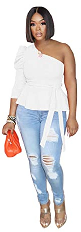 Ekaliy Women's Sexy Solid One Shoulder Cut-Out Long Sleeve Top
