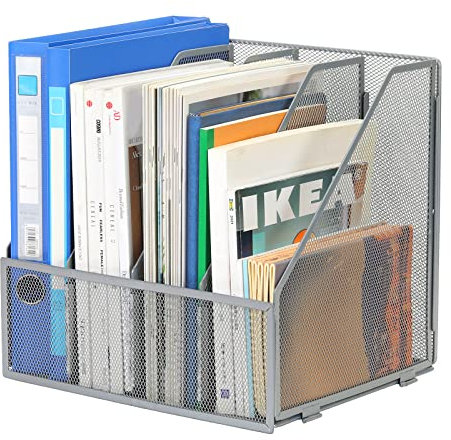 EasyPAG Desktop Metal A4 Magazine File Holder Mesh Desk Tidy Office Literature Document Ring Binder Paper Organiser Filing Rack,4 Compartments,Silver