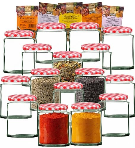 Round Glass Jars with Red Gingham Lids 5 SPICES & Adhesive Labels | 190ml / 7oz Glass Jars with Air Tight Twist Lids Reusable Canning Storage Jar for Preserves, Jelly and Herbs - 16 Jar & 5 Spice