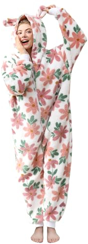 Focupaja Damen Fuzzy Pyjamas mit Kapuze Erwachsene Onesie Reißverschluss Warmes Fleece Gedruckt Weihnachten Winter Schlafanzug Blumen und Blätter M