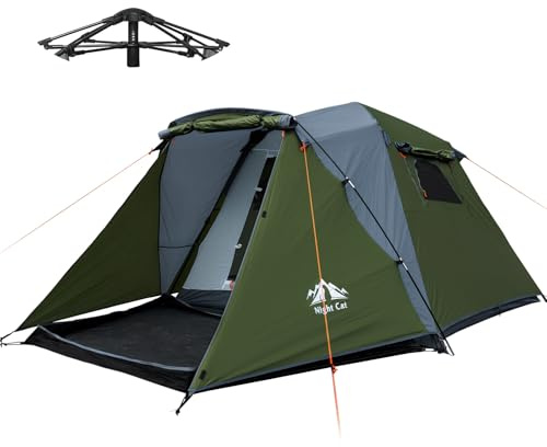 Night Cat Cabin Tent with Vestibule: 3 Persons Pop Up Camping Tent Double Layers Easy Quick Setup Waterproof