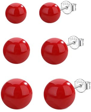 Oivzziy Set of 3 Pairs of 925 Sterling Silver Stud Earrings for Women Girls Red Pearl Jewelry Set 4mm 6mm 8mm