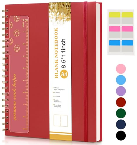 Tom spiral anteckningsbok journal 21,5 cm x 28,9 cm, A4 stor skissbok för kvinnor män, 100 GSM blank papper ritanteckningsbok, plast inbunden skissbok för skissning arbete skolskrivning, röd