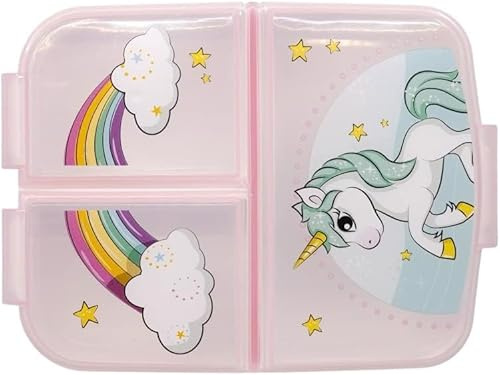 ILS I LOVE SHOPPING Porte-collation scolaire avec 3 compartiments porte-goûter en plastique pour enfants, boîte à déjeuner, sans BPA (Licorne)