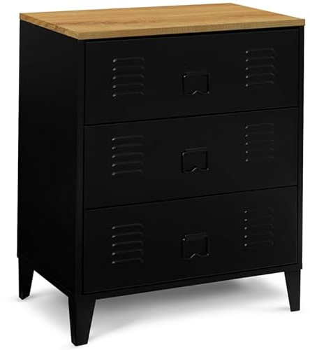 IDMarket – Cómoda 3 cajones Ester 60 cm metal negro y bandeja forma haya diseño industrial