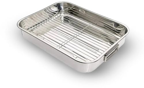 KMF SUPPLIES Pack of 1 Stainless Steel Roaster Tin with Handles- Removeable Grill, Roasting Tray for Baking, Cooking & Grilling, Roasting Dish Easy to Clean (Small)