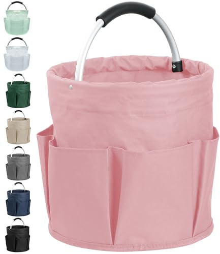 IHOMAGIC 17L Cestino Spesa con Manico, Borsa Mare Pieghevole con 6 Tasche, Borsa Porta Attrezzi Portatile in Tessuto Oxford 600D, Cestino Portaoggetti Multifunzionale per Viaggi, Shopping, Rosa
