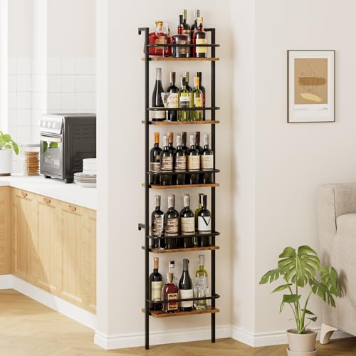 Heakrit 5-Tier Wine Rack Wall Mounted, Wine Racks Freestanding Floor with Fences, 50 Bottles Wine Bottle Holder Liquor Cabinet Bar Shelves for Home, Kitchen, Dining Room (Brown)
